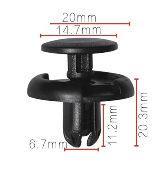 Клипса пластиковая для Alfa Romeo, Fiat, Lancia, Lexus, Mitsubishi, Suzuki, Toyota ОЕМ: 9S9AK07332, MR220501, 71741883, 9046709164, MC933388, 0940907332000. (подкрылки, брызговики, бампер).